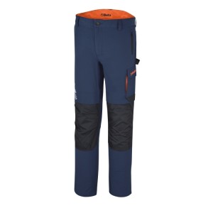 Pantalon de travail Bleu stretch, léger, multipoches, 86% nylon - 14% élasthanne, 140 g / m2, Poches pour genouillères, poches arrière renforcées en polyester 300D, Rempiècement à l'entrejambe. Coupe ajustée