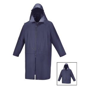 Manteau imperméable en polyester enduit PVC avec capuche fixe et coutures étanches, bleu Doté de boutons pression qui permettent de le raccourcir à 3/4