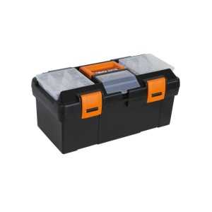Boîte à outils en matière plastique avec plateau et bacs de rangement amovibles, vide