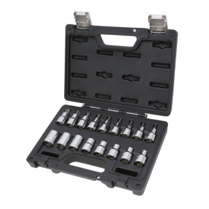 Coffret plastique thermoformé comprenant 17 douilles dont 8 douilles tournevis Femelle Torx® et 9 douilles tournevis Torx®