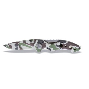 Behajtható pengéjű kés, terepszínű hőkezelt acél penge tokban