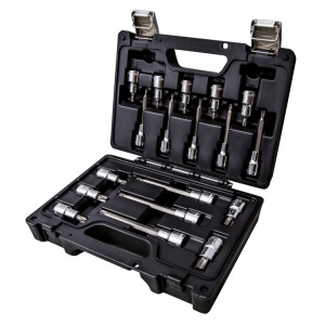 Assortiment van 18 doppen met Torx® profiel  in korte, lange en extra lange uitvoering. Geleverd in kunststof koffer.