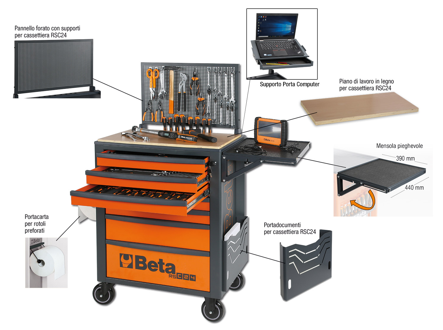 Beta carrello porta attrezzi RSC24 8 cassetti, piano in ABS rinforzato e  fori per cacciaviti [024004080]